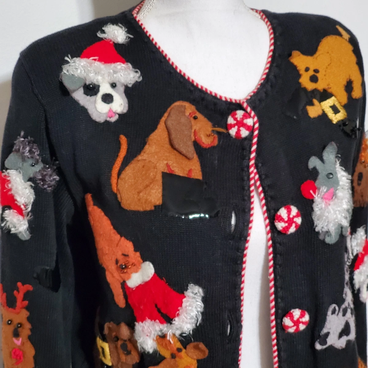 VTG Michael Simon Sweater Sz S Dogs Embellished Christmas Cardigan Black 1999
