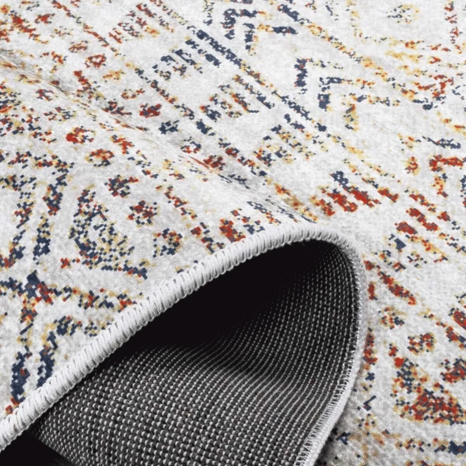 Scandinavian Patterned Beige Blue Velvet Rug, Washable Non-Slip Based Carpet - Image 3 of 4