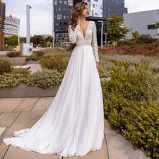 Boho A-Line Wedding Dresses V-Neck Long Sleeves Lace Applique Beach Bridal Gowns