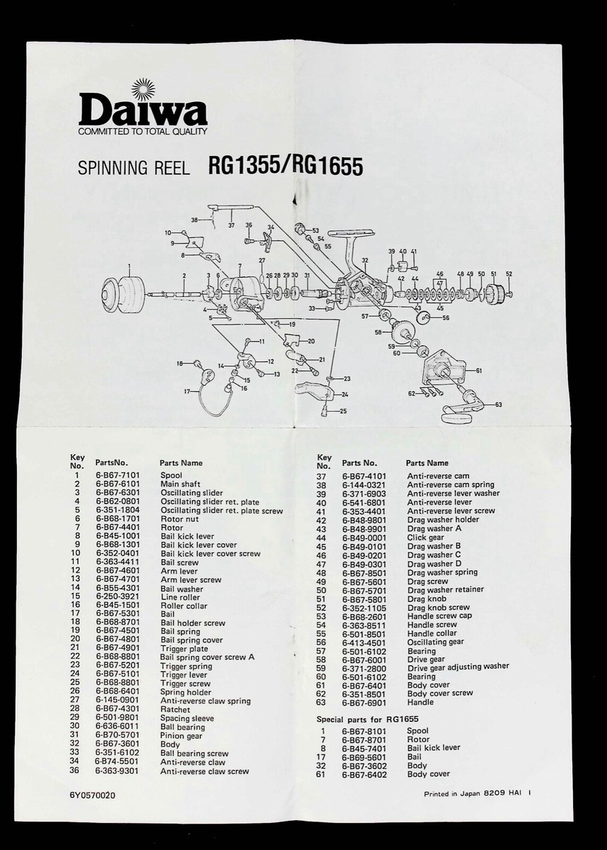 Daiwa Spinning Reel RG 1355/ RG 1655 Fishing Reel Parts List | eBay
