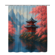 Beautiful Japanese Garden Shower Curtain with Cherry Blossoms