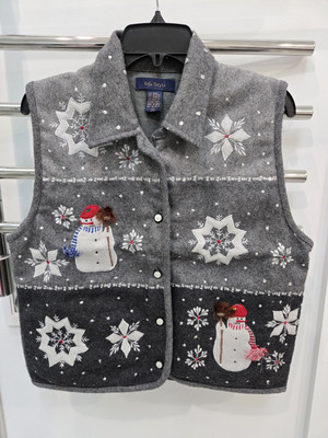 Unique Vintage Life Style Sweater Vest Womens Medium Christmas Grey Snowman Wool