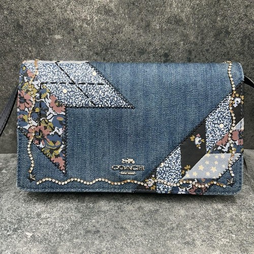 Coach Denim Blumen Nieten Schultertasche Botanisches Rosenmuster Lederbesatz Japan - Bild 3 von 24
