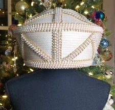 Vintage Donna Vinci Couture Hat Beige, Pearl & Rhinestone Detailing, With Box