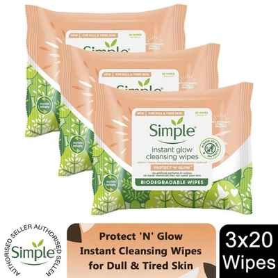 3x of Simple Protect 'N' Glow Instant Cleansing Wipes for Dull & Tired Skin
