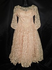 Vintage 60s Emma Domb S Peach Pink Lace Midi Party Dress Fit Flare 3/4 Sleeve