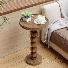 COZAYH Farmhouse Pine Wood End Table with Stacked Column Base, Rustic round Pede