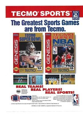 Sega Genesis TECMO SPORTS vintage print ad 1993 Techmo Superbowl & Techmo NBA