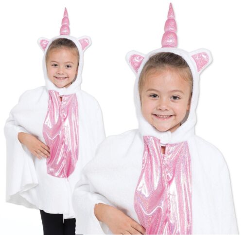 Girls Kids Pink White Unicorn Hoodie Poncho Fancy Dress Costume One Size 3-9 - Picture 1 of 1