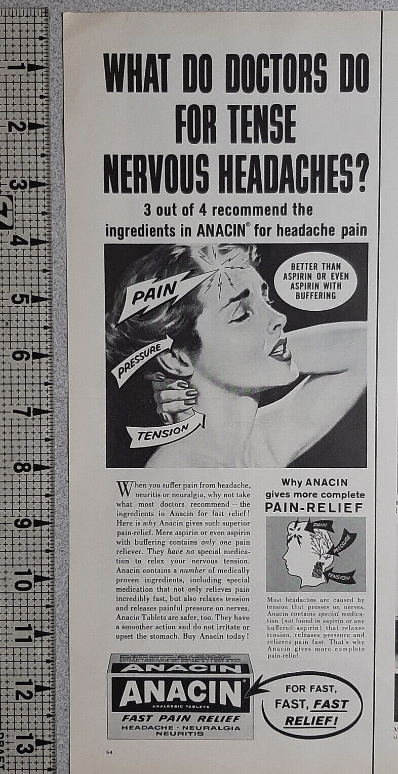 1960 Anacin Vintage Print Ad Pain Reliever Headache Tension Doctor Nerves Relief