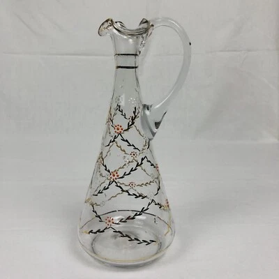 Eleganter Henkelkrug Kanne Karaffe Glas mundgeblasen mit schöner Emaillemalerei - Bild 1 von 4