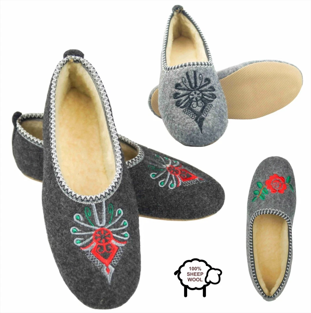 Wool Felt Slippers Ladies Handmade Embroidered Indoor Ballerina