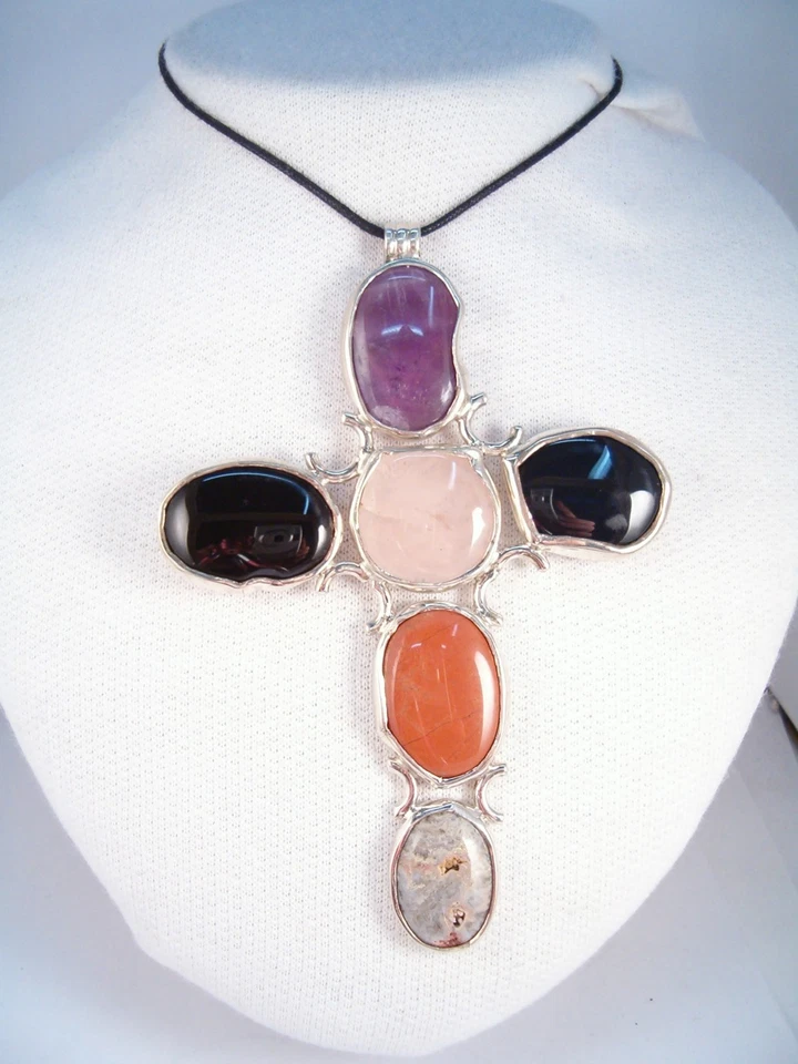 Ciondolo in ARGENTO 925 con PIETRE DURE naturali - Quarzo Ametista Ossidiana - Immagine 2 di 4