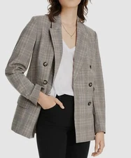 LINI Women's Beige Plaid Double-Breasted Peak lapels Blazer Jacket Size L