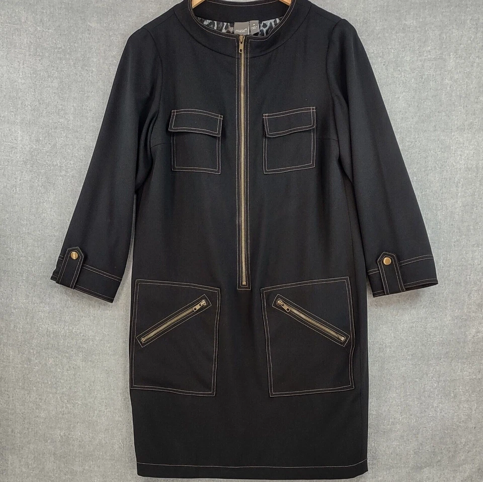 Muse Career Dress Women 8 Black Straight Zip Pocket Artsy Modern Paisley Lined - Image 2 of 4