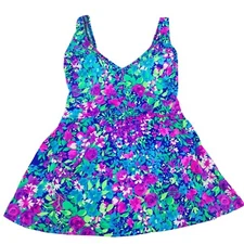 Vintage Gabar One Piece Skirted Swimsuit Size 14 Floral Bright Retro Pink Blue