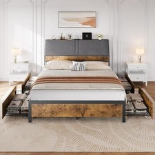 Full/Queen Size Bed Frame Metal w/Charging Station Storage Headboard  4 Drawers