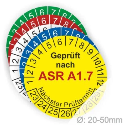 LABELMASTER_DE ASR A1.7 Prüfplaketten für Türen und Tore Ø:20-40mm Kratz-Wasserfest-UV-Resist.a