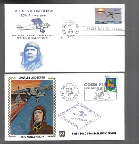 2 1977 Charles Lindbergh covers; Scott 1710 FDC/France 50th Anniv Solo Flight