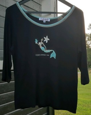 FUEGO Woman T-Shirt Mermaid Embellished Rhinestones Size 40 Vintage French brend