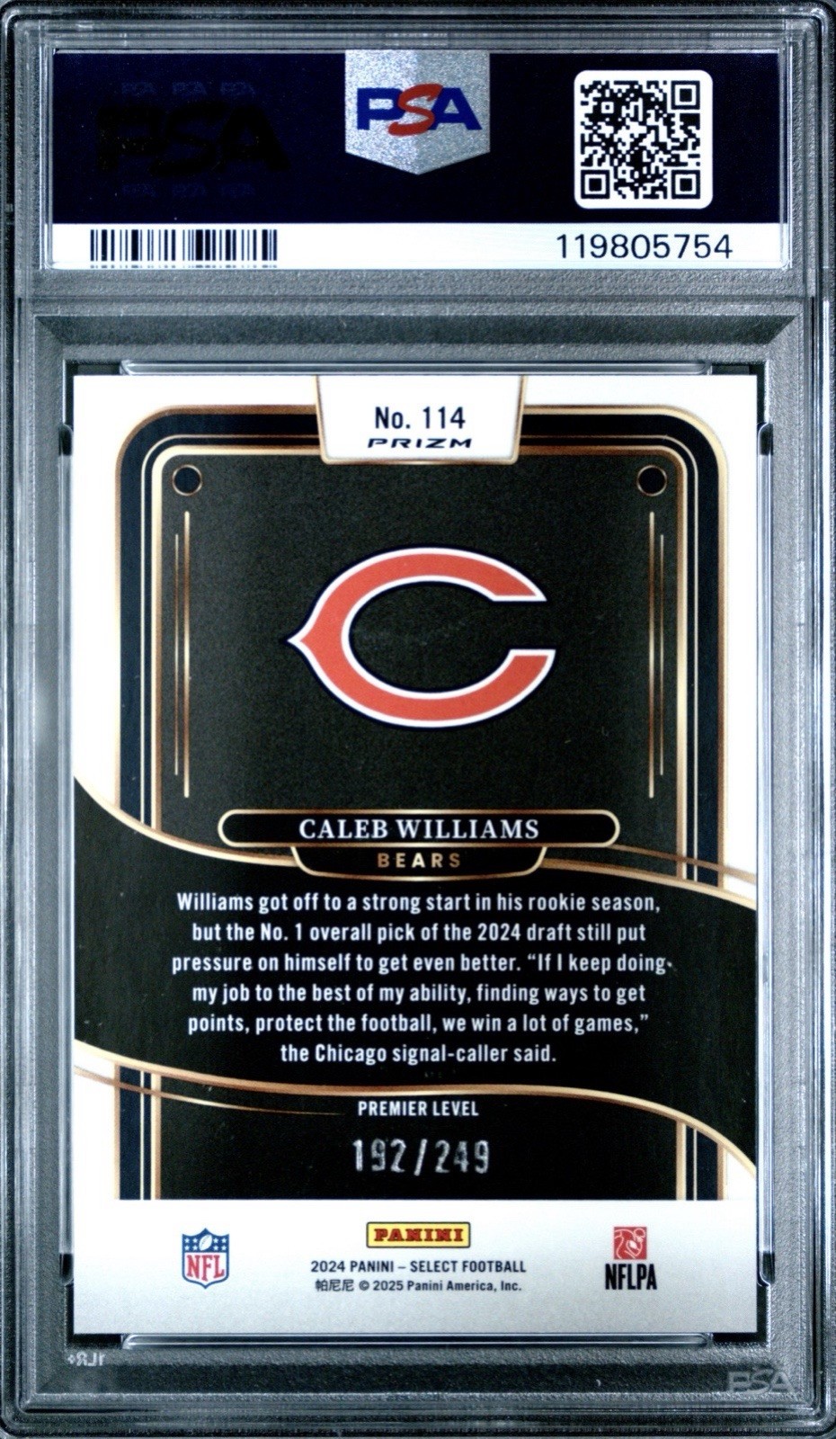 2024 PANINI SELECT TRI-COLOR PRIZM #114 CALEB WILLIAMS ROOKIE RC 192/249 PSA 9 view 2
