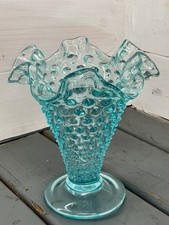 Vintage Fenton Aqua Blue Hobnail Vase Ruffled Edge Large Pre 70s 56