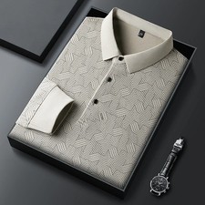New Men's Business Casual Long Sleeved Shirt with Badge Solid Color Polo Shirt F