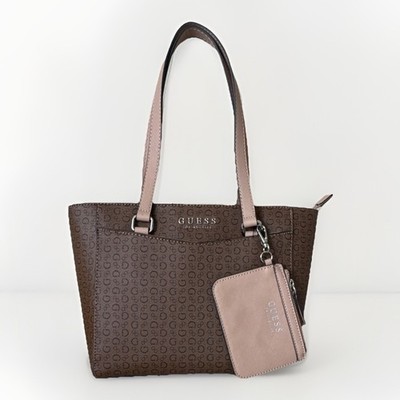 GUESS Brown Monogram Tote Bag Zip Double Handles beige Trim Attached Pouch
