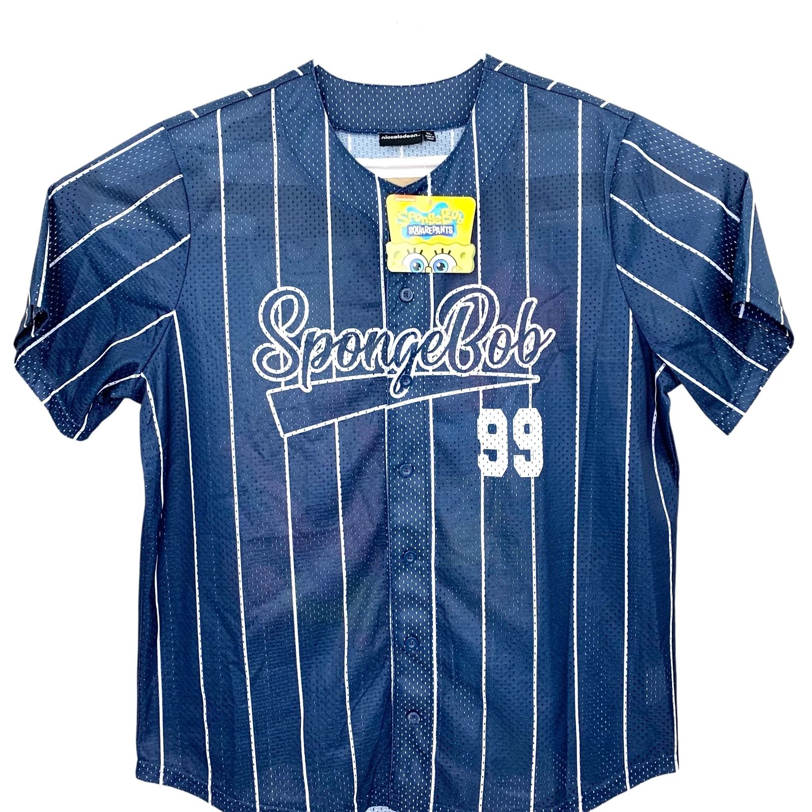 Nick 90s SpongeBob SquarePants Baseball Jersey Shirt Mens Pinstripe Blue XL