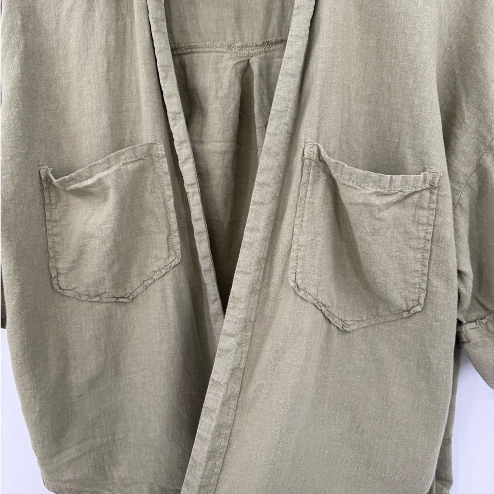 Zara Linen Blend Short Sleeve Open Front Shirt in Olive Green | Small image 4