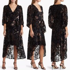 NWT Eliza J black brown floral velvet burnout hi lo hem dress, 6