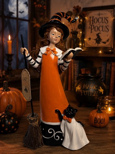 Sweet Street Halloween Witch Reading Book Ghost Cat Figurine Broom