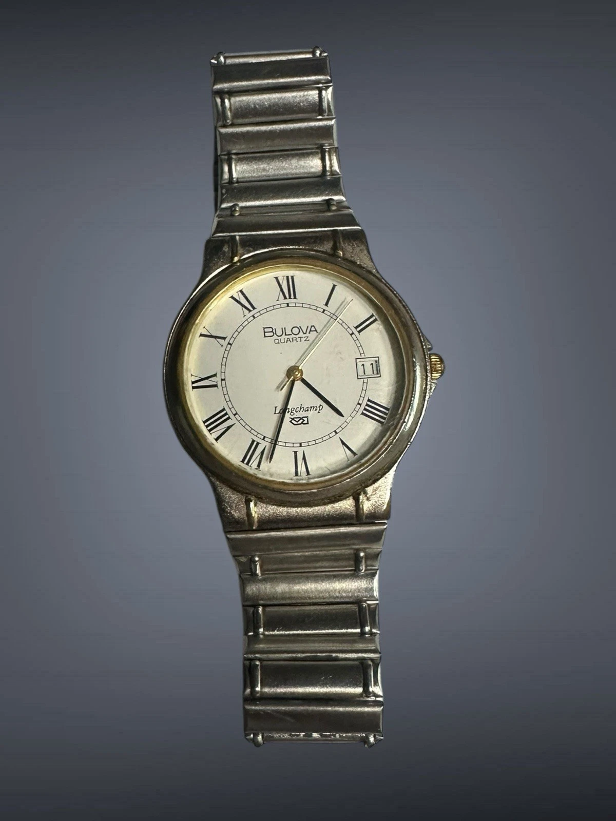 Orologio Vintage Bulova Longchamp Uomo 33mm Quadrante Bianco Bicolore Data G 102