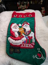 Vintage Santa Clause And Polar Bear 1980s Stocking