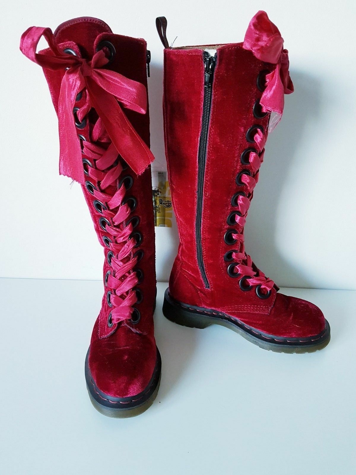 Dr Doc Martens red velvet large eyelet 20 eye tall knee high zip UK 3 EU 36  US 5 | eBay