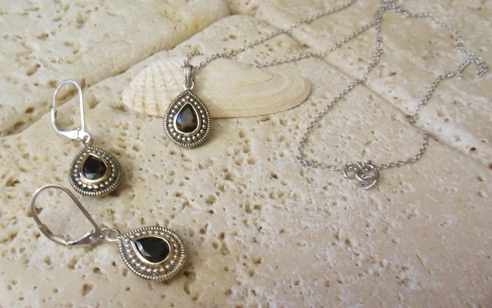 Plata de Ley 925 Oro 14k TOPACIO Bali Lágrima Gota Collar Pendientes Conjunto ¡Regalo! Foto 2 de 4