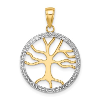 14k Gelbgold und Rhodium 3-D großer Lebensbaum runder Rahmen Anhänger