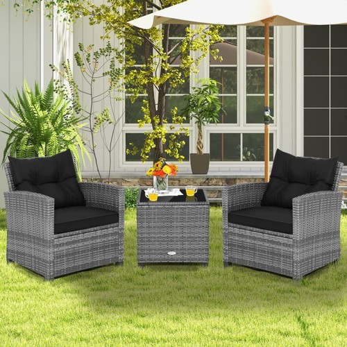 3PCS Patio Outdoor Garden Furniture Conversation Set w/Tempered Glass Tabletop - Picture 2 of 10