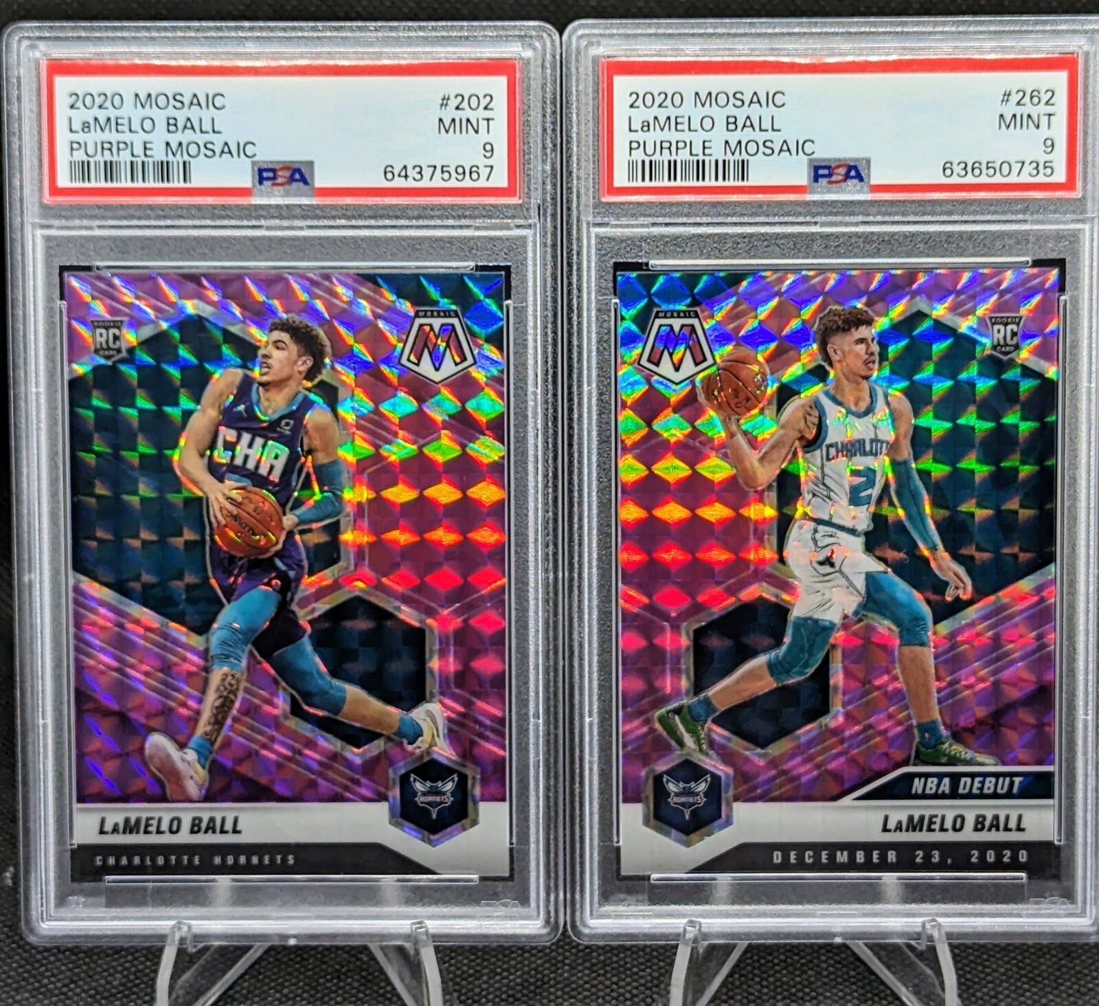 2020-21 Panini Mosaic Purple Prizm /49 Lamelo Ball 202 & 262 PSA 9 Matching RCs