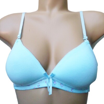 Soutien gorge coton bleu bord fleuri 75A lingerie petite taille