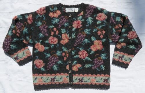 NORTHERN ISLES US XL Gray Floral Chunky Knit Wool Cardigan Sweater Top - Picture 4 of 5