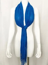 Scarf Blue Boho Long 78" Fringed Wrap Crinkle Gauze Texture Metallic Threads