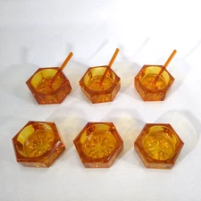 Vintage Set of 6 Amber Glass Open Salts 3 Spoons Cut Glass Salt Cellars Hexagon