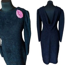 Vintage Dress Black Sleeves Long Voluminous Back Open Textured Stretch Fabric M