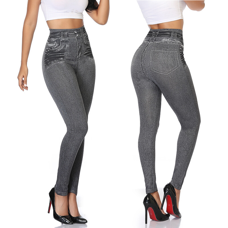 Women's Jeggings - Denim Compression Leggings, Skinny Jean Style, High Rise, Stretch Yoga Pants (Black, Blue, Gray)