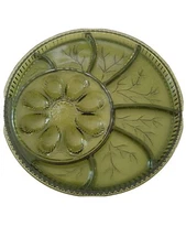 VTG Indiana Green Glass Deviled Egg Relish Serving Plate Platter PRISTINE 12.75"