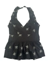 Girls From Savoy Anthropologie 6 Smocked Ruffle Halter Top Black Bird Top #5216