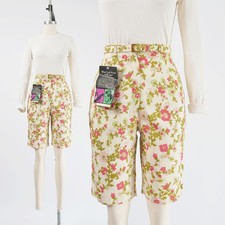 Vintage 60s Cream Floral Print Knee Length Bermuda Shorts with Belt Deadstock