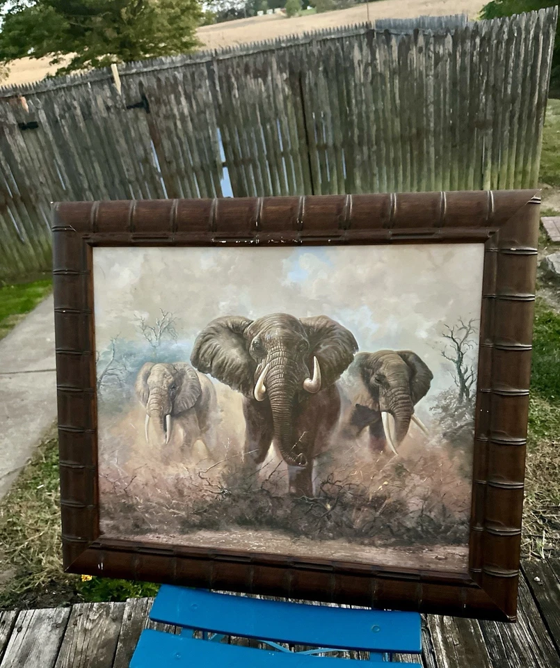Pintura al óleo original vintage elefantes africanos enmarcada a medida Foto 2 de 4