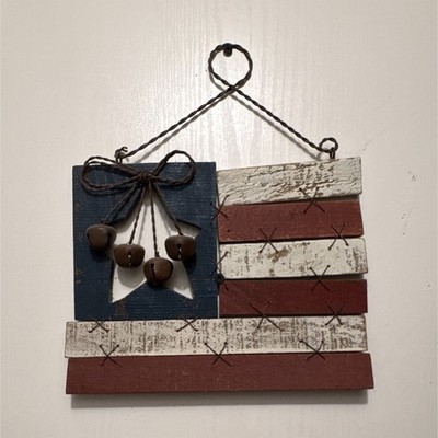 Rustic Distressed Wood & Metal American Flag Wall Hanging Sign, Horizontal